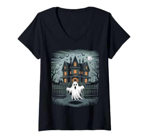 Damen Vintage Geist spukendes Haus Fledermäuse Gothic Halloween T-Shirt mit V-Ausschnitt Damen Vintage Geist spukendes Haus Fledermäuse Gothic Halloween T-Shirt mit V-Ausschnitt von Halloween Camping Tees