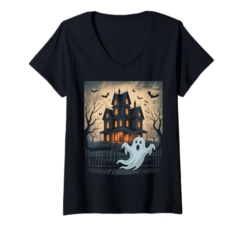 Damen Vintage Geist spukendes Haus Fledermäuse Gothic Halloween T-Shirt mit V-Ausschnitt Damen Vintage Geist spukendes Haus Fledermäuse Gothic Halloween T-Shirt mit V-Ausschnitt von Halloween Camping Tees