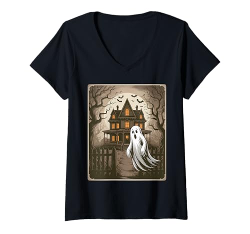 Damen Vintage Geist spukendes Haus Fledermäuse Gothic Halloween T-Shirt mit V-Ausschnitt Damen Vintage Geist spukendes Haus Fledermäuse Gothic Halloween T-Shirt mit V-Ausschnitt von Halloween Camping Tees
