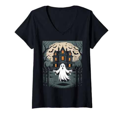 Damen Vintage Geist spukendes Haus Fledermäuse Gothic Halloween T-Shirt mit V-Ausschnitt Damen Vintage Geist spukendes Haus Fledermäuse Gothic Halloween T-Shirt mit V-Ausschnitt von Halloween Camping Tees