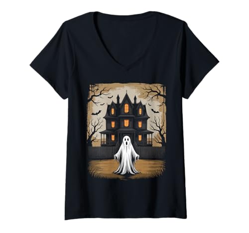Damen Vintage Geist spukendes Haus Fledermäuse Gothic Halloween T-Shirt mit V-Ausschnitt Damen Vintage Geist spukendes Haus Fledermäuse Gothic Halloween T-Shirt mit V-Ausschnitt von Halloween Camping Tees