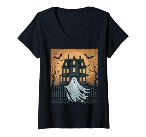 Damen Vintage Geist spukendes Haus Fledermäuse Gothic Halloween T-Shirt mit V-Ausschnitt Damen Vintage Geist spukendes Haus Fledermäuse Gothic Halloween T-Shirt mit V-Ausschnitt von Halloween Camping Tees