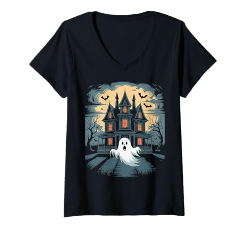 Damen Vintage Geist spukendes Haus Fledermäuse Gothic Halloween T-Shirt mit V-Ausschnitt Damen Vintage Geist spukendes Haus Fledermäuse Gothic Halloween T-Shirt mit V-Ausschnitt von Halloween Camping Tees