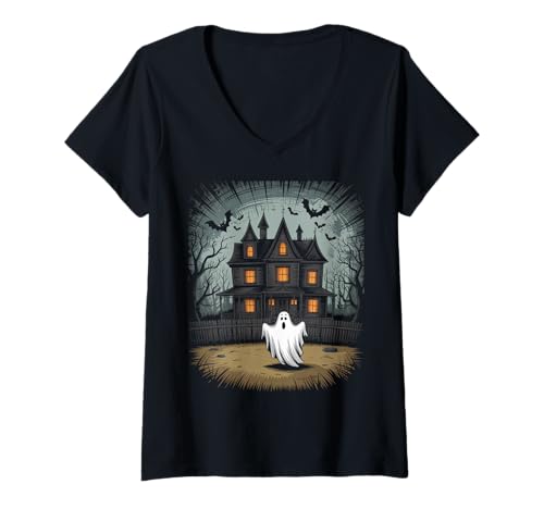 Damen Vintage Geist spukendes Haus Fledermäuse Gothic Halloween T-Shirt mit V-Ausschnitt Damen Vintage Geist spukendes Haus Fledermäuse Gothic Halloween T-Shirt mit V-Ausschnitt von Halloween Camping Tees