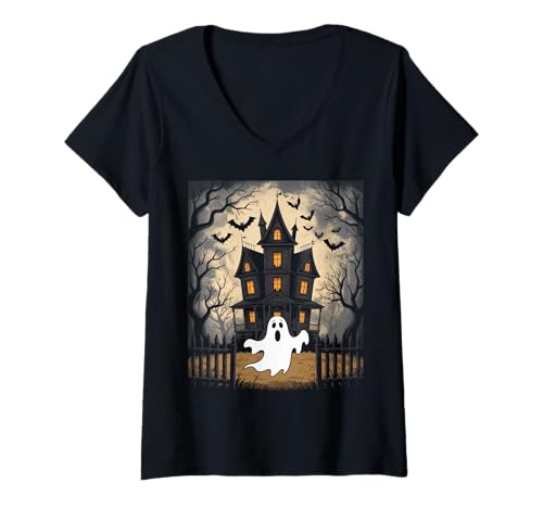 Damen Vintage Geist spukendes Haus Fledermäuse Gothic Halloween T-Shirt mit V-Ausschnitt Damen Vintage Geist spukendes Haus Fledermäuse Gothic Halloween T-Shirt mit V-Ausschnitt von Halloween Camping Tees