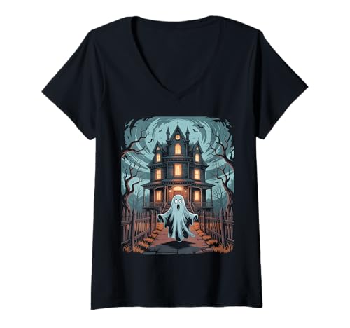 Damen Vintage Geist spukendes Haus Fledermäuse Gothic Halloween T-Shirt mit V-Ausschnitt Damen Vintage Geist spukendes Haus Fledermäuse Gothic Halloween T-Shirt mit V-Ausschnitt von Halloween Camping Tees