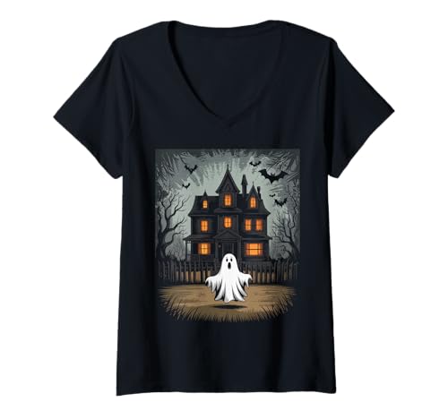 Damen Vintage Geist spukendes Haus Fledermäuse Gothic Halloween T-Shirt mit V-Ausschnitt Damen Vintage Geist spukendes Haus Fledermäuse Gothic Halloween T-Shirt mit V-Ausschnitt von Halloween Camping Tees
