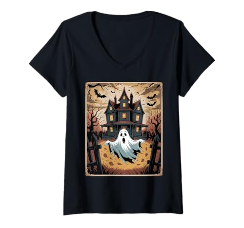 Damen Vintage Geist spukendes Haus Fledermäuse Gothic Halloween T-Shirt mit V-Ausschnitt Damen Vintage Geist spukendes Haus Fledermäuse Gothic Halloween T-Shirt mit V-Ausschnitt von Halloween Camping Tees