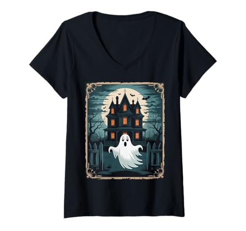 Damen Vintage Geist spukendes Haus Fledermäuse Gothic Halloween T-Shirt mit V-Ausschnitt Damen Vintage Geist spukendes Haus Fledermäuse Gothic Halloween T-Shirt mit V-Ausschnitt von Halloween Camping Tees