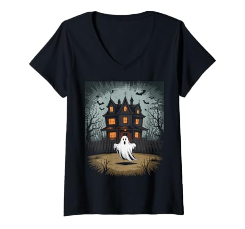 Damen Vintage Geist spukendes Haus Fledermäuse Gothic Halloween T-Shirt mit V-Ausschnitt Damen Vintage Geist spukendes Haus Fledermäuse Gothic Halloween T-Shirt mit V-Ausschnitt von Halloween Camping Tees