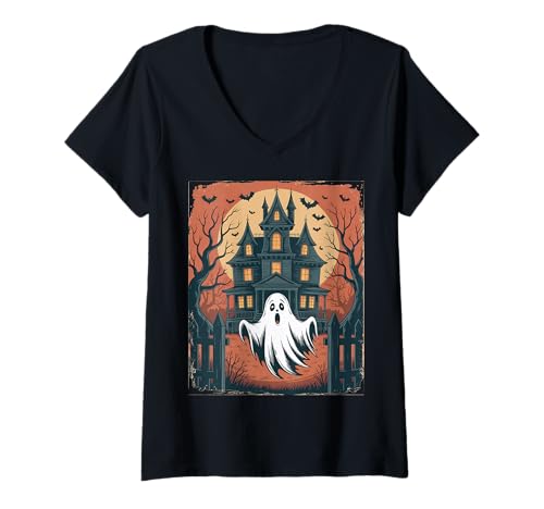 Damen Vintage Geist spukendes Haus Fledermäuse Gothic Halloween T-Shirt mit V-Ausschnitt Damen Vintage Geist spukendes Haus Fledermäuse Gothic Halloween T-Shirt mit V-Ausschnitt von Halloween Camping Tees