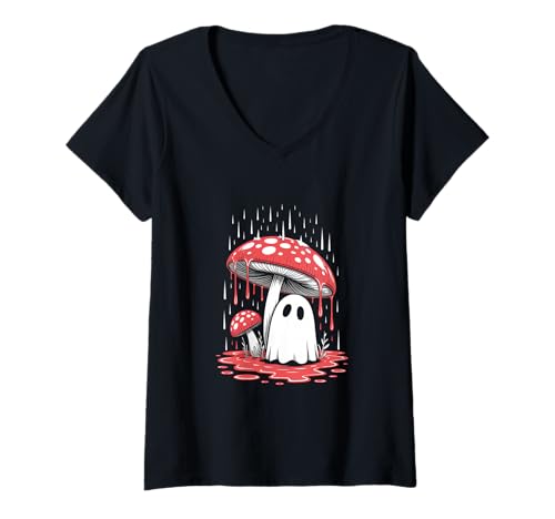 Damen Vintage Geist unter Fliegenpilz Mushroom Gothic Halloween T-Shirt mit V-Ausschnitt Damen Vintage Geist unter Fliegenpilz Mushroom Gothic Halloween T-Shirt mit V-Ausschnitt von Halloween Camping Tees