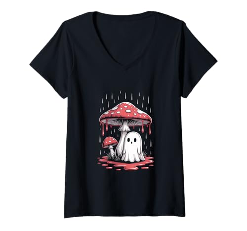 Damen Vintage Geist unter Fliegenpilz Mushroom Gothic Halloween T-Shirt mit V-Ausschnitt Damen Vintage Geist unter Fliegenpilz Mushroom Gothic Halloween T-Shirt mit V-Ausschnitt von Halloween Camping Tees