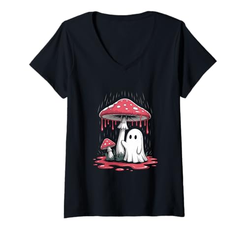 Damen Vintage Geist unter Fliegenpilz Mushroom Gothic Halloween T-Shirt mit V-Ausschnitt Damen Vintage Geist unter Fliegenpilz Mushroom Gothic Halloween T-Shirt mit V-Ausschnitt von Halloween Camping Tees