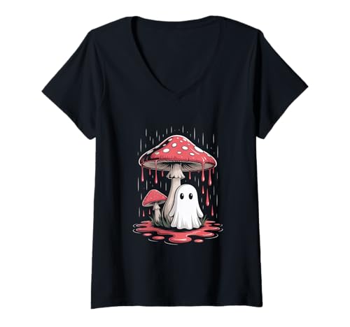 Damen Vintage Geist unter Fliegenpilz Mushroom Gothic Halloween T-Shirt mit V-Ausschnitt Damen Vintage Geist unter Fliegenpilz Mushroom Gothic Halloween T-Shirt mit V-Ausschnitt von Halloween Camping Tees