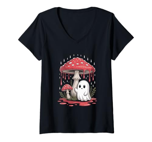 Damen Vintage Geist unter Fliegenpilz Mushroom Gothic Halloween T-Shirt mit V-Ausschnitt Damen Vintage Geist unter Fliegenpilz Mushroom Gothic Halloween T-Shirt mit V-Ausschnitt von Halloween Camping Tees