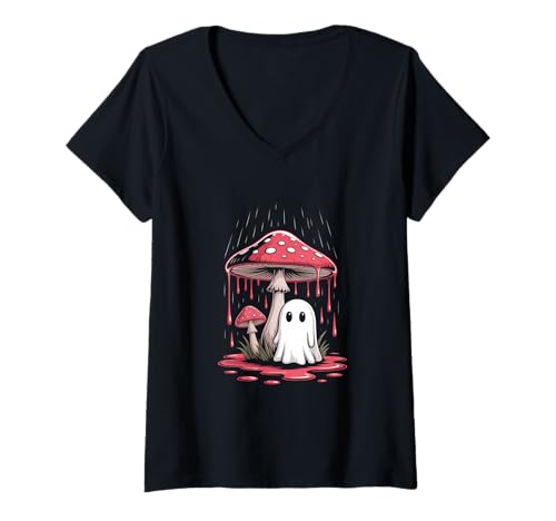 Damen Vintage Geist unter Fliegenpilz Mushroom Gothic Halloween T-Shirt mit V-Ausschnitt Damen Vintage Geist unter Fliegenpilz Mushroom Gothic Halloween T-Shirt mit V-Ausschnitt von Halloween Camping Tees