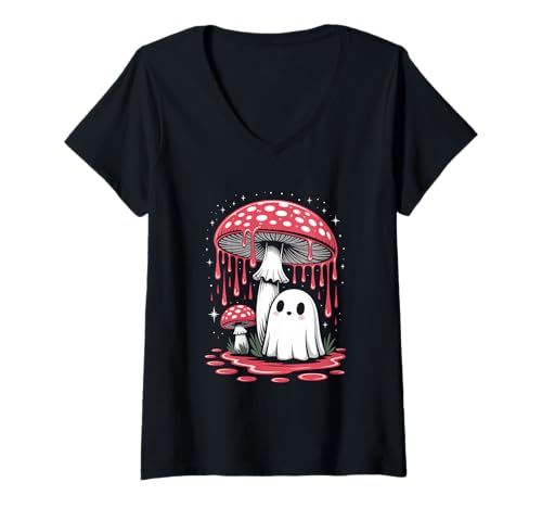 Damen Vintage Geist unter Fliegenpilz Mushroom Gothic Halloween T-Shirt mit V-Ausschnitt Damen Vintage Geist unter Fliegenpilz Mushroom Gothic Halloween T-Shirt mit V-Ausschnitt von Halloween Camping Tees