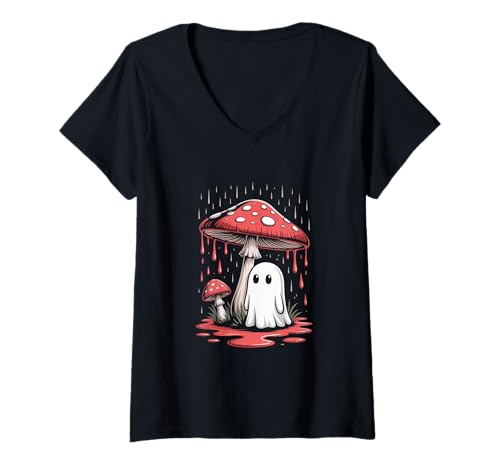 Damen Vintage Geist unter Fliegenpilz Mushroom Gothic Halloween T-Shirt mit V-Ausschnitt Damen Vintage Geist unter Fliegenpilz Mushroom Gothic Halloween T-Shirt mit V-Ausschnitt von Halloween Camping Tees