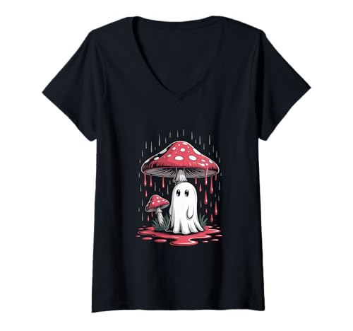 Damen Vintage Geist unter Fliegenpilz Mushroom Gothic Halloween T-Shirt mit V-Ausschnitt Damen Vintage Geist unter Fliegenpilz Mushroom Gothic Halloween T-Shirt mit V-Ausschnitt von Halloween Camping Tees