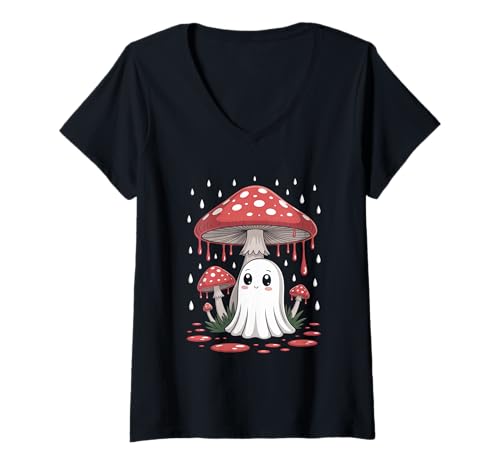 Damen Vintage Geist unter Fliegenpilz Mushroom Gothic Halloween T-Shirt mit V-Ausschnitt Damen Vintage Geist unter Fliegenpilz Mushroom Gothic Halloween T-Shirt mit V-Ausschnitt von Halloween Camping Tees