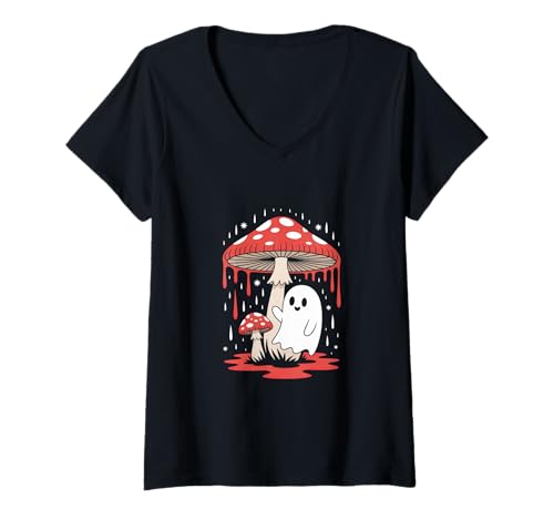 Damen Vintage Geist unter Fliegenpilz Mushroom Gothic Halloween T-Shirt mit V-Ausschnitt Damen Vintage Geist unter Fliegenpilz Mushroom Gothic Halloween T-Shirt mit V-Ausschnitt von Halloween Camping Tees