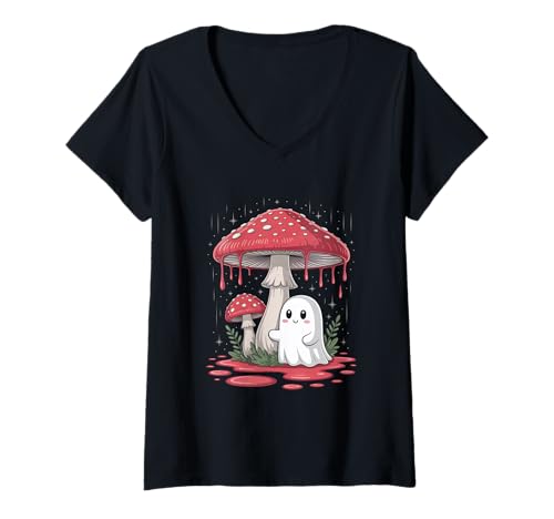 Damen Vintage Geist unter Fliegenpilz Mushroom Gothic Halloween T-Shirt mit V-Ausschnitt Damen Vintage Geist unter Fliegenpilz Mushroom Gothic Halloween T-Shirt mit V-Ausschnitt von Halloween Camping Tees