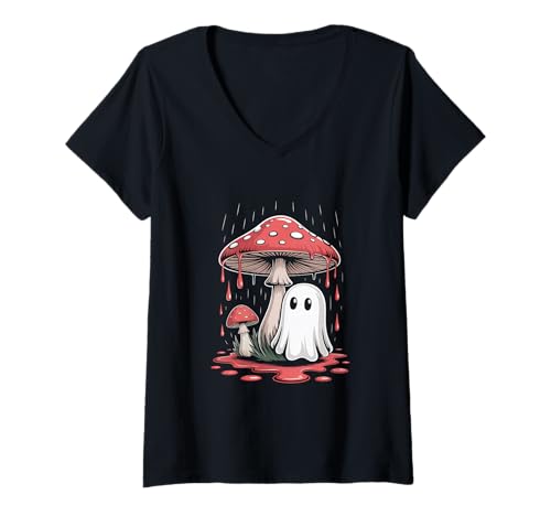 Damen Vintage Geist unter Fliegenpilz Mushroom Gothic Halloween T-Shirt mit V-Ausschnitt Damen Vintage Geist unter Fliegenpilz Mushroom Gothic Halloween T-Shirt mit V-Ausschnitt von Halloween Camping Tees