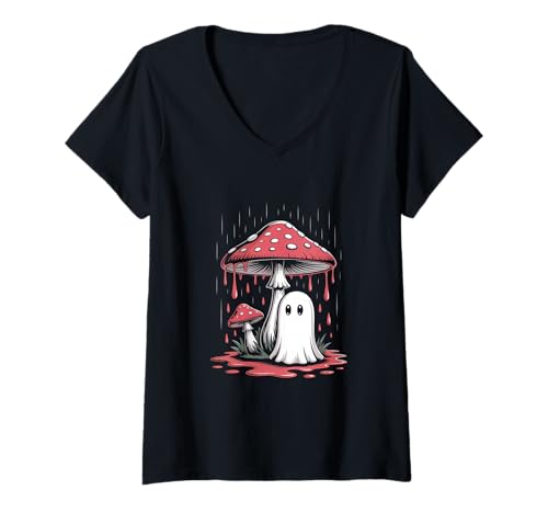 Damen Vintage Geist unter Fliegenpilz Mushroom Gothic Halloween T-Shirt mit V-Ausschnitt Damen Vintage Geist unter Fliegenpilz Mushroom Gothic Halloween T-Shirt mit V-Ausschnitt von Halloween Camping Tees