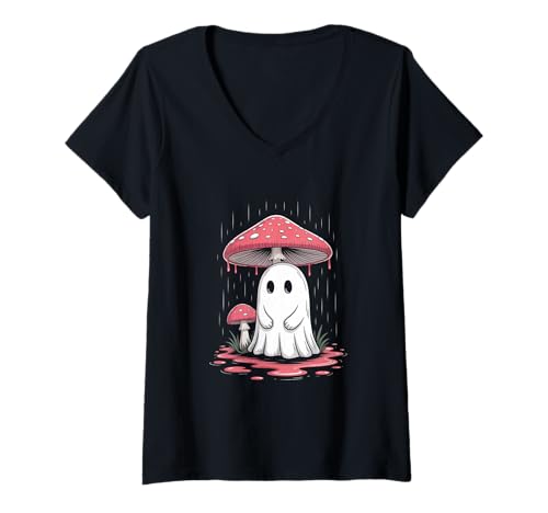 Damen Vintage Geist unter Fliegenpilz Mushroom Gothic Halloween T-Shirt mit V-Ausschnitt Damen Vintage Geist unter Fliegenpilz Mushroom Gothic Halloween T-Shirt mit V-Ausschnitt von Halloween Camping Tees