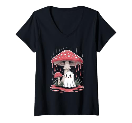 Damen Vintage Geist unter Fliegenpilz Mushroom Gothic Halloween T-Shirt mit V-Ausschnitt Damen Vintage Geist unter Fliegenpilz Mushroom Gothic Halloween T-Shirt mit V-Ausschnitt von Halloween Camping Tees