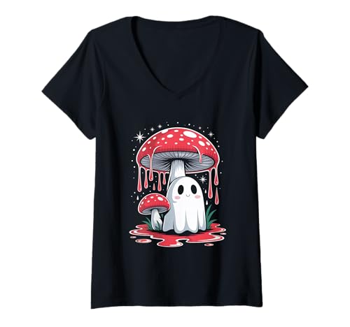 Damen Vintage Geist unter Fliegenpilz Mushroom Gothic Halloween T-Shirt mit V-Ausschnitt Damen Vintage Geist unter Fliegenpilz Mushroom Gothic Halloween T-Shirt mit V-Ausschnitt von Halloween Camping Tees