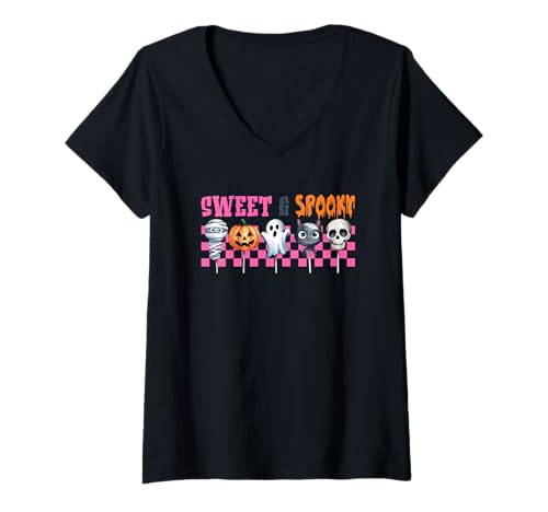 Damen Süßes und gruseliges Halloween-Leckerei-Design T-Shirt mit V-Ausschnitt Damen Süßes und gruseliges Halloween-Leckerei-Design T-Shirt mit V-Ausschnitt von Halloween Candy Fun Frightful Delight