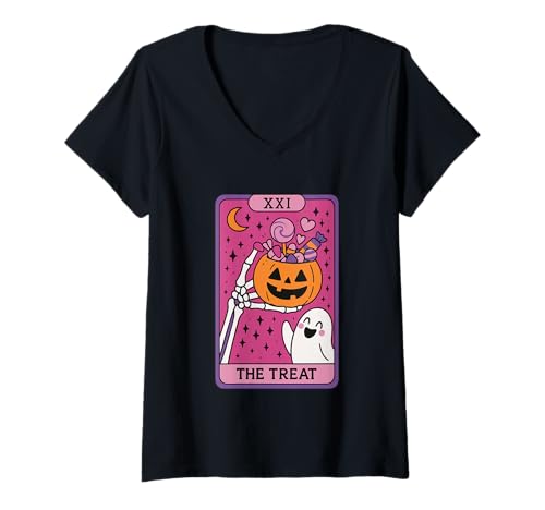 Damen The Treat Halloween Skelett Tarotkarte T-Shirt mit V-Ausschnitt Damen The Treat Halloween Skelett Tarotkarte T-Shirt mit V-Ausschnitt von Halloween Candy Skeleton Tarot Pumpkins