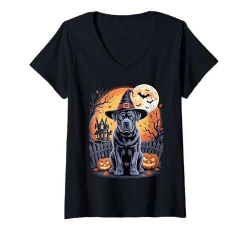Damen Cane Corso Halloween Gruselhund Hexe Mond T-Shirt mit V-Ausschnitt Damen Cane Corso Halloween Gruselhund Hexe Mond T-Shirt mit V-Ausschnitt von Halloween Cane Corso Vibes