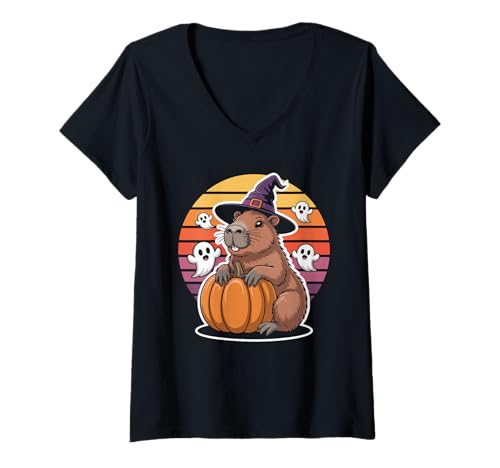 Damen Capybara Mit Hexenhut Und Kürbis T-Shirt mit V-Ausschnitt Damen Capybara Mit Hexenhut Und Kürbis T-Shirt mit V-Ausschnitt von Halloween Capybara Kürbis Geist Mystik
