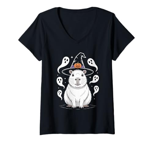 Damen Capybara Mit Hexenhut Und Kürbis T-Shirt mit V-Ausschnitt Damen Capybara Mit Hexenhut Und Kürbis T-Shirt mit V-Ausschnitt von Halloween Capybara Kürbis Geist Mystik
