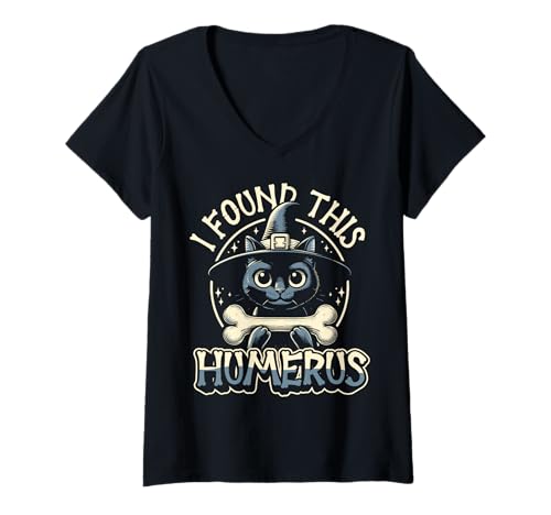 Damen I Found This Humerus - Lustige Katze Halloween T-Shirt mit V-Ausschnitt von Halloween Cat Clothing & Costumes