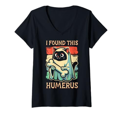 Damen I Found This Humerus - Lustige Katze Halloween T-Shirt mit V-Ausschnitt von Halloween Cat Clothing & Costumes