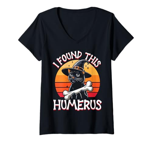 Damen I Found This Humerus - Lustige Katze Halloween T-Shirt mit V-Ausschnitt von Halloween Cat Clothing & Costumes