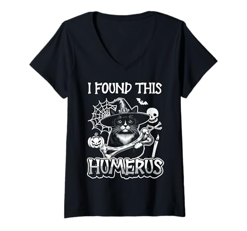 Damen I Found This Humerus - Lustige Katze Halloween T-Shirt mit V-Ausschnitt von Halloween Cat Clothing & Costumes