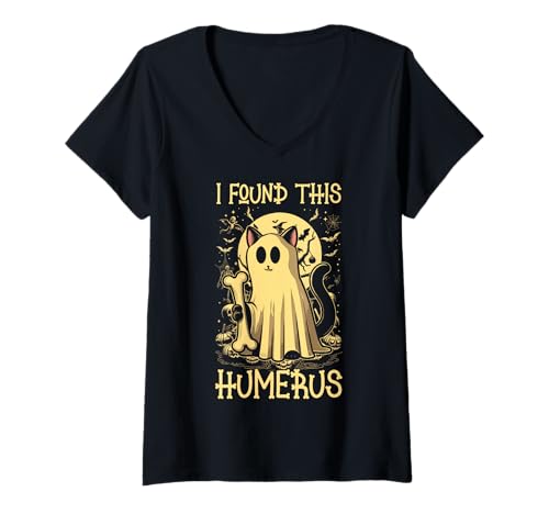 Damen I Found This Humerus - Lustige Katze Halloween T-Shirt mit V-Ausschnitt von Halloween Cat Clothing & Costumes