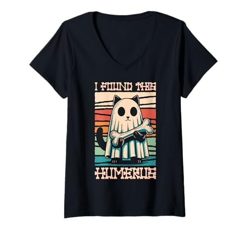 Damen I Found This Humerus - Lustige Katze Halloween T-Shirt mit V-Ausschnitt von Halloween Cat Clothing & Costumes
