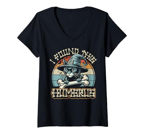 Damen I Found This Humerus - Lustige Katze Halloween T-Shirt mit V-Ausschnitt von Halloween Cat Clothing & Costumes