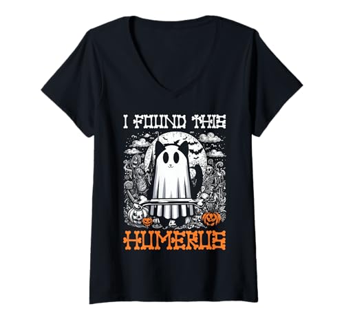Damen I Found This Humerus - Lustige Katze Halloween T-Shirt mit V-Ausschnitt von Halloween Cat Clothing & Costumes