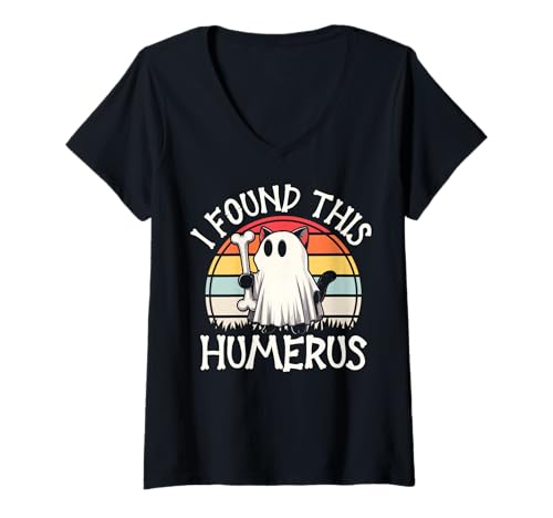 Damen I Found This Humerus - Lustige Katze Halloween T-Shirt mit V-Ausschnitt von Halloween Cat Clothing & Costumes