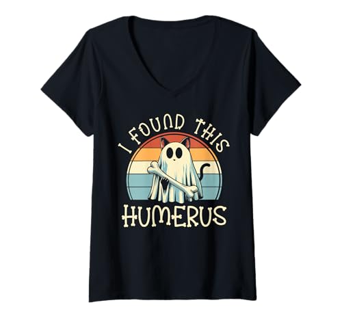 Damen I Found This Humerus - Lustige Katze Halloween T-Shirt mit V-Ausschnitt von Halloween Cat Clothing & Costumes