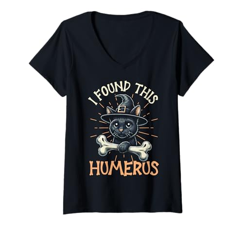 Damen I Found This Humerus - Lustige Katze Halloween T-Shirt mit V-Ausschnitt von Halloween Cat Clothing & Costumes
