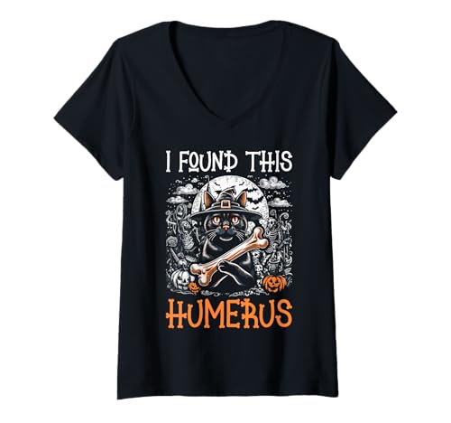 Damen I Found This Humerus - Lustige Katze Halloween T-Shirt mit V-Ausschnitt von Halloween Cat Clothing & Costumes