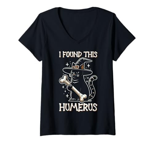 Damen I Found This Humerus - Lustige Katze Halloween T-Shirt mit V-Ausschnitt von Halloween Cat Clothing & Costumes